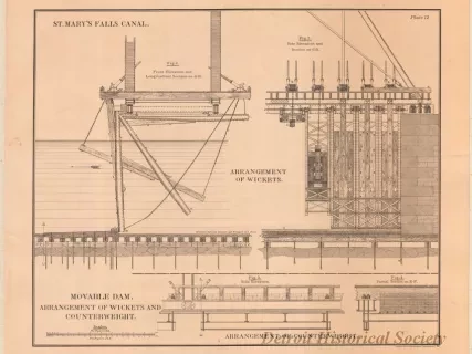 Lithograph - St. Mary's Falls Canal, 
Movable Dam.  Arrangement of Wickets and Counterweight.