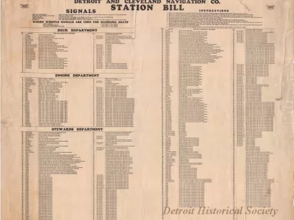 Poster, Instructional - Steamers Greater Detroit and Greater Buffalo
Detroit and Cleveland Navigation Co.
Station Bill