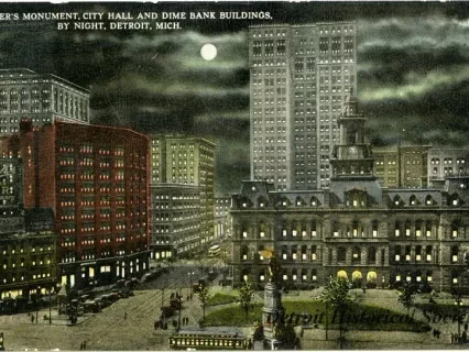 Postcard - Soldier's Monument, City Hall and Dime Bank Buildings, by Night, detroit, Mich.