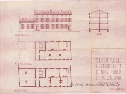 Drawing - Maison Natale d'Antoine Laumet de la Mothe Cadillac
à St. Nicolas de la Grave - Façade Principale et Coupe.
Plans de l'Étage et des Combles.