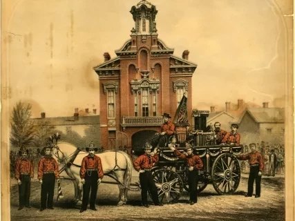 Lithograph - Phoenix Steam Fire Engine No. 3 of Detroit as it apeared in the funeral procession of the late President Lincoln, April, 25th 1865. Presented by Robert Meginity