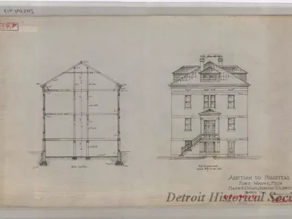 Drawing, Architectural - Addition to Hospital, Fort Wayne, Michigan.
Major P. G. Wales, Surgeon, U.S. Army.  March, 1907.