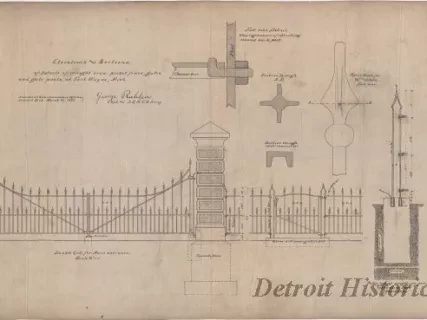 Drawing, Architectural - Elevations and Sections of Details of Wrought Iron Picket Fence, Gates, and Gate Posts at Fort Wayne, Mich.