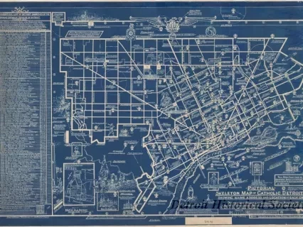 Map - Pictorial Skeleton Map of Catholic Detroit,
Showing Name, Address and Location of Each Church
