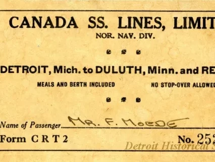 Ticket, Transportation - Canada SS. [Steamship] Lines, Limited
Nor. Nav. Div. [Northern Navigation Division]