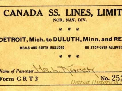 Ticket, Transportation - Canada SS. [Steamship] Lines, Limited
Nor. Nav. Div. [Northern Navigation Division]
