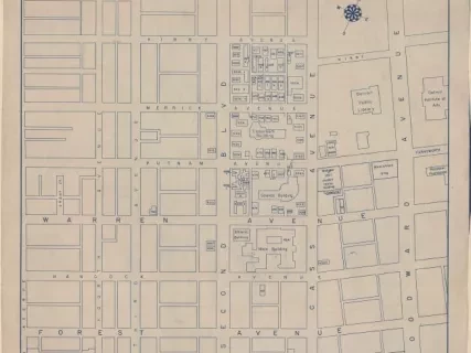 Blueprint - Wayne University Campus, 
A New Base Map by R. W. Kelley and J. C. MacLachlan, Jan., 1948