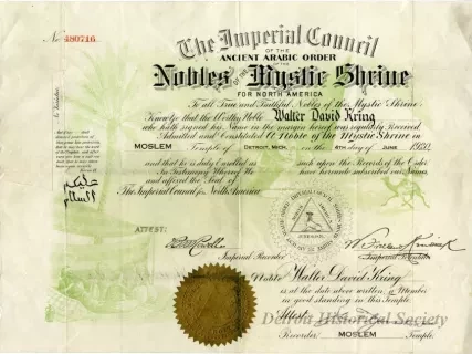 Certificate - The Imperial Council of the Ancient Arabic Order of the Nobles of the Mystic Shrine
