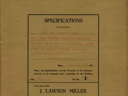 Specification - Specifications for Mr. Albert E. Arndt for a Solid Brick Veneered Residence Located on the West Side of East Grand Boulevard Between Forest and Canfield Avenues, Lot No. 2, Detroit, Michigan.