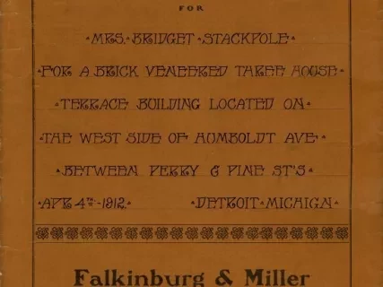 Specification - Specifications for Mrs. Bridget Stackpole for a Brick Veneered Three House Terrace Building Located on the West Side of Humboldt Ave. Between Perry & Pine St's., Detroit, Michigan.