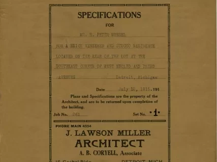 Specification - Specifications for Mr. H. Peter Minsel for a Brick Veneered and Stucco Residence Located on the Rear of the Lot at the Southeast Corner of West Euclid and Third Avenues, Detroit, Michigan.