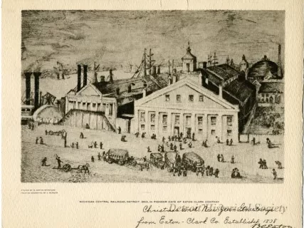 Print - Michigan Central Railroad, Detroit 1853, in Pioneer Days of Eaton-Clark Company