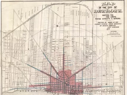 Map - Map of the City of Detroit Shewing the Fire Limits, Paved Streets & Sewers
