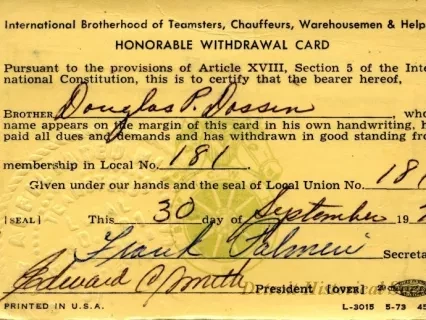 Card, Union - International Brotherhood of Teamsters, Chauffeurs, Warehousemen & Helpers - Honorable Withdrawal Card