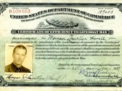 Certificate, Achievement - United States Department of Commerce,
Certificate of Efficiency to Lifeboat Man