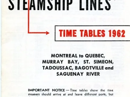 Timetable - Canada Steamship Lines,
Time Tables 1962