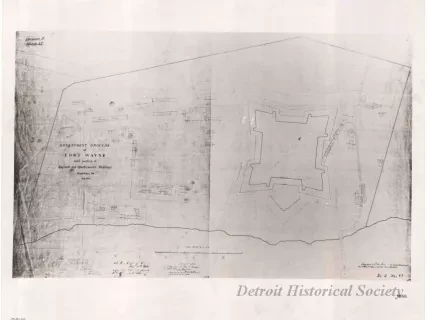 Drawing, Technical - Government Grounds at Fort Wayne 
with Position of Engineer and Quartermaster Buildings, Roadways &c.,
Aug. 1866