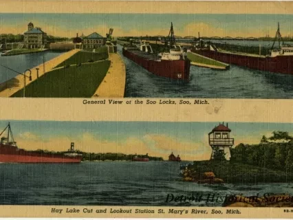 Postcard - General View of the Soo Locks, Soo, Mich. Hay Lake Cut and Lookout Station St. Mary's River, Soo, Mich.