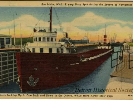 Postcard - Soo Locks, Mich. A very Busy Spot during the Season of Navigation. Boats Locking Up in One Lock and Down in the Others, While more Await their Turn.