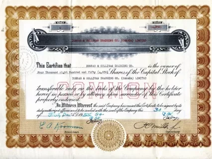 Certificate, Stock - Dunbar & Sullivan Dredging Co. (Canada) Limited