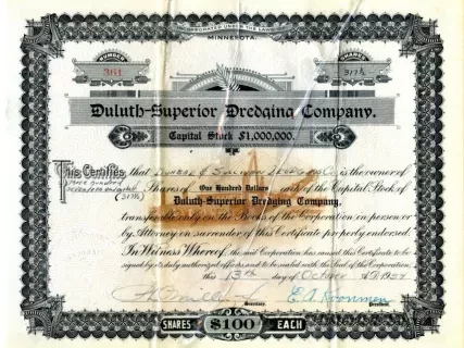 Certificate, Stock - Duluth-Superior Dredging Company