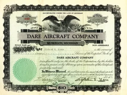 Certificate, Stock - Dare Aircraft Company