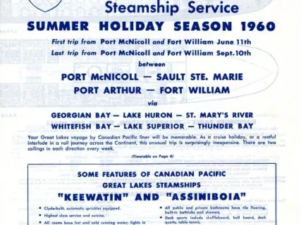 Brochure - Canadian Pacific Great Lakes Steamship Service,
Summer Holiday Season Schedule for 1960