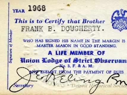 Card, Membership - Union Lodge of Strict Observance No. 3,
Grand Lodge F.& A.M. [Free & Accepted Masons] of Michigan