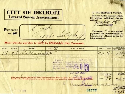Bill, Tax - City of Detroit
Lateral Sewer Assessment