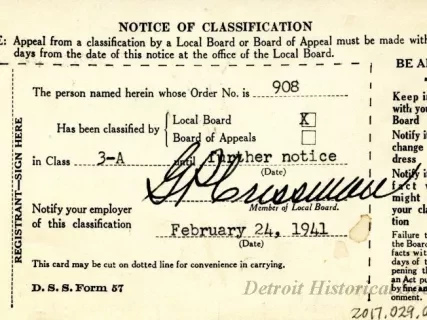 Card, Draft - Notice of Classification