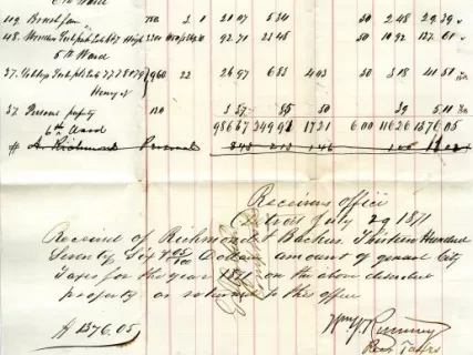Statement, Financial - City Taxes 1871 - Richmond & Backus
