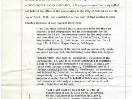 Resolution - Certified Copy of Proceedings and 
Resolutions Re Sale of Land by Woodhouse Cigar Company