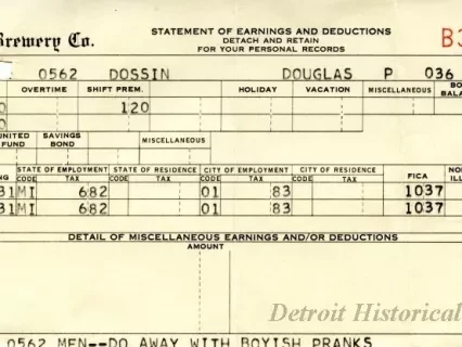 Stub, Paycheck - The Stroh Brewery Company