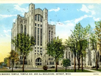 Postcard - New Masonic Temple, Temple Ave. and 2nd Boulevard, Detroit, Mich.