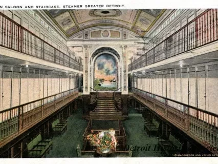 Postcard - Main Salon and Staircase, Steamer Greater Detroit