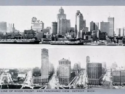 Postcard - Sky Line of River Front and Panoramic View, Detroit, Mich.
