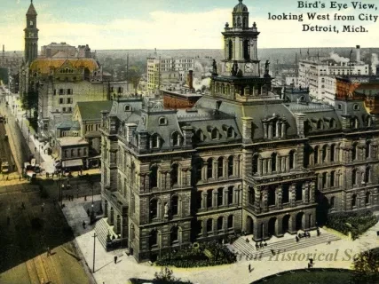 Postcard - Bird's Eye View, Looking West from City Hall, Detroit, Michigan