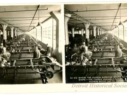 Stereograph - Where The Hudson Super-Six Begins to Take Shape - The Chassis Assembly Floor, Hudson Motor Car Co, Detroit, USA