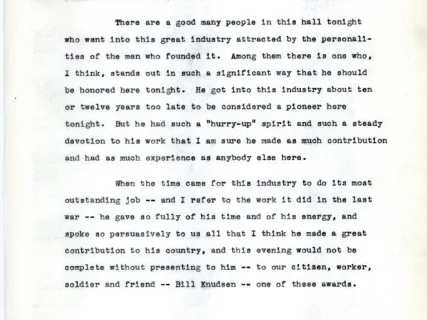 Speech - Remarks by K.T. Keller At The Pioneers Dinner
Celebration In Connection With The Automotive
Golden Jubilee
May 31, 1946 - Masonic Temple