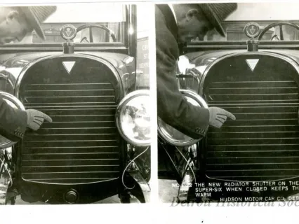 Stereograph - The New Radiator Shutter On The Hudson Super-Six When Closed Keeps The Motor Warm, Hudson Motor Car Co, Detroit, USA