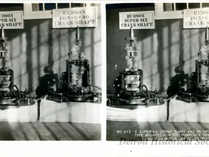 Stereograph - A Super-Six Crank Shaft And An Ordinary Type Mounted For Test Purposes: See No 14, Hudson Motor Car Co, Detroit, USA