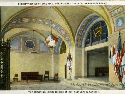 Postcard - The Detroit News Building, The World's Greatest Newspaper Plant
The Imposing Lobby is Rich in Art and Craftsmanship