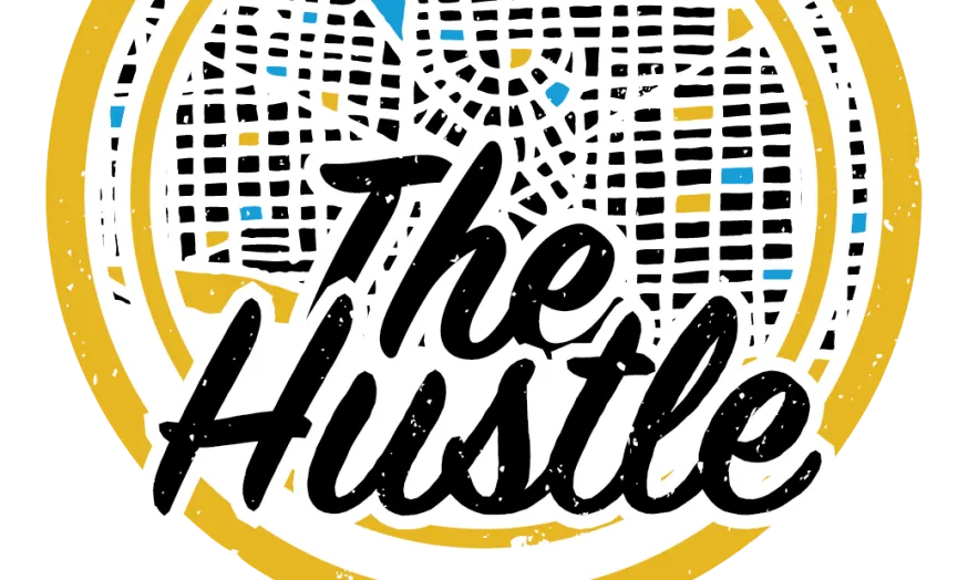 Urban-themed logo with a stylized street map, yellow border, and "The Hustle" text in bold black letters.