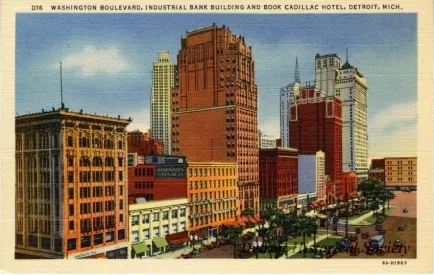 Postcard - Washington Boulevard, Industrial Bank Building and Book Cadillac Hotel, Detroit, Mich.
