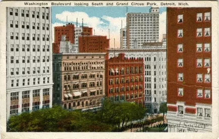 Postcard - Washington Boulevard Looking South and Grand Circus Park, Detroit, Mich.