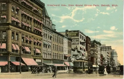 Postcard - Woodward Ave., from Grand Circus Park, Detroit, Mich.