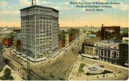 Postcard - Bird's Eye View of Woodward Avenue, North of Michigan Avenue, Detroit, Mich.