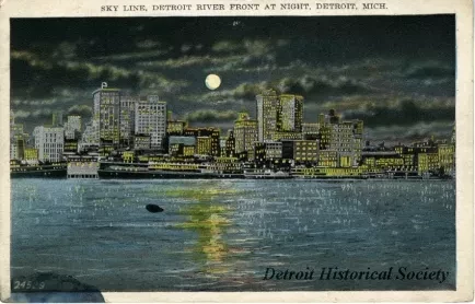 Postcard - Sky Line, Detroit River Front at Night, Detroit, Mich.