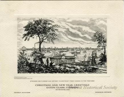 Card, Greeting - Steamer MAYFLOWER and Detroit Riverfront from Canada in the Year 1852
