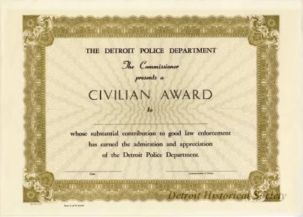 Certificate - The Detroit Police Department
Civilian Award